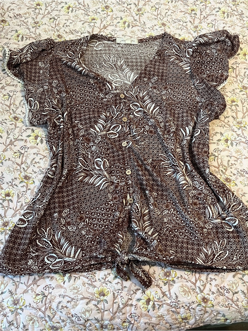 Brown Floral Button-Front Tie Blouse